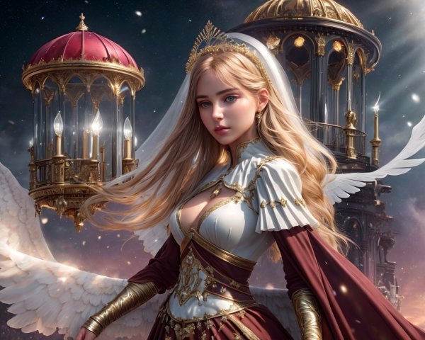 Fantastical Female Figure in Regal Attire with Doves