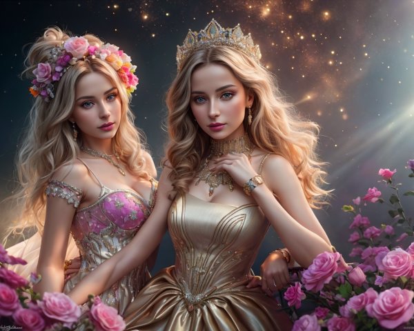 Regal Women in Flower Crowns Surrounded by Roses