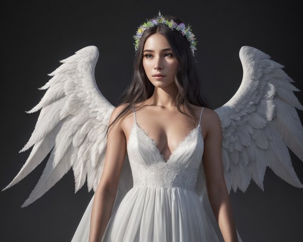 Woman with Angel Wings in White Dress and Floral Crown