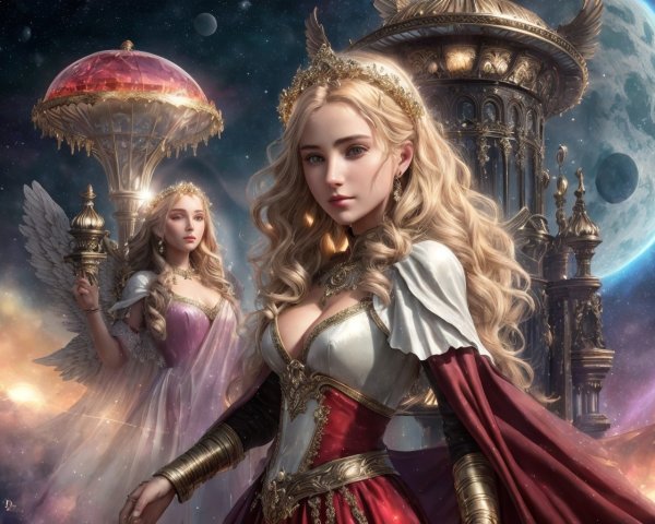 Angelic Women in Regal Attire Against Cosmic Backdrop