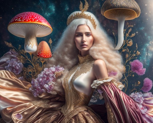 Regal Woman in Golden Gown Under Starry Sky