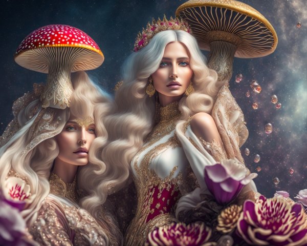 Regal Fantasy Figures with Mushroom Caps and Cosmic Background