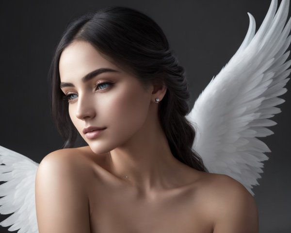 Side Portrait of a Woman with Angel Wings and Dark Hair