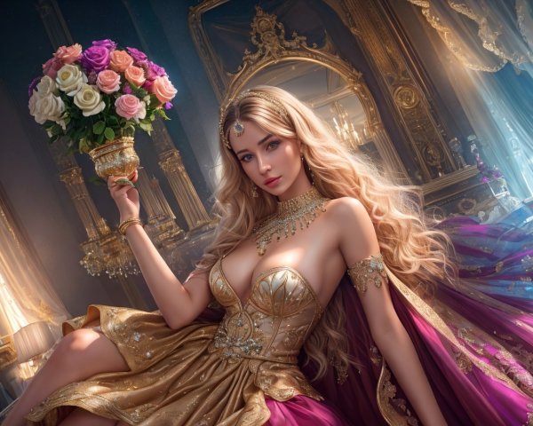 Elegant Woman in Gold and Purple Gown with Roses