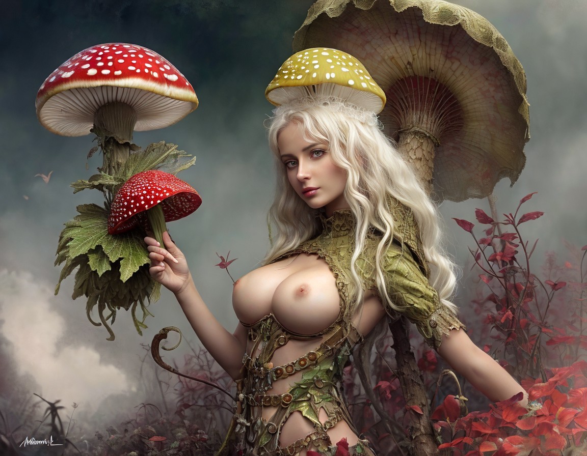 Mushroom-Themed Woman in a Mystical Forest Setting