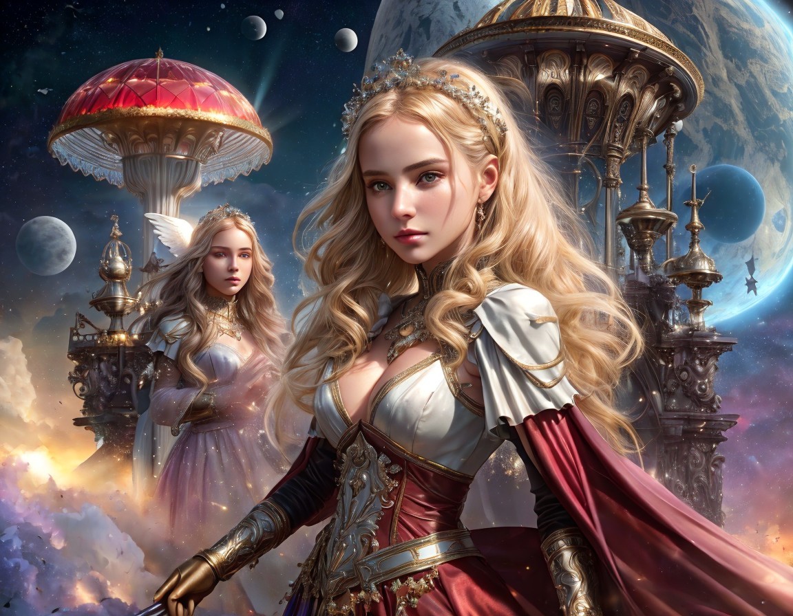Digital Art of Women in Fantasy Attire with Cosmic Scene