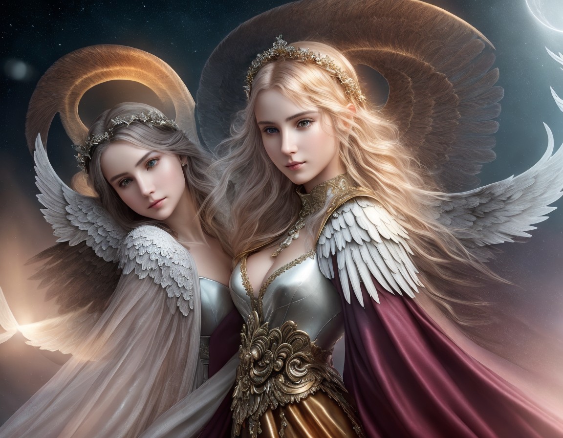 Ethereal Women with Wings and Golden Halos in Space