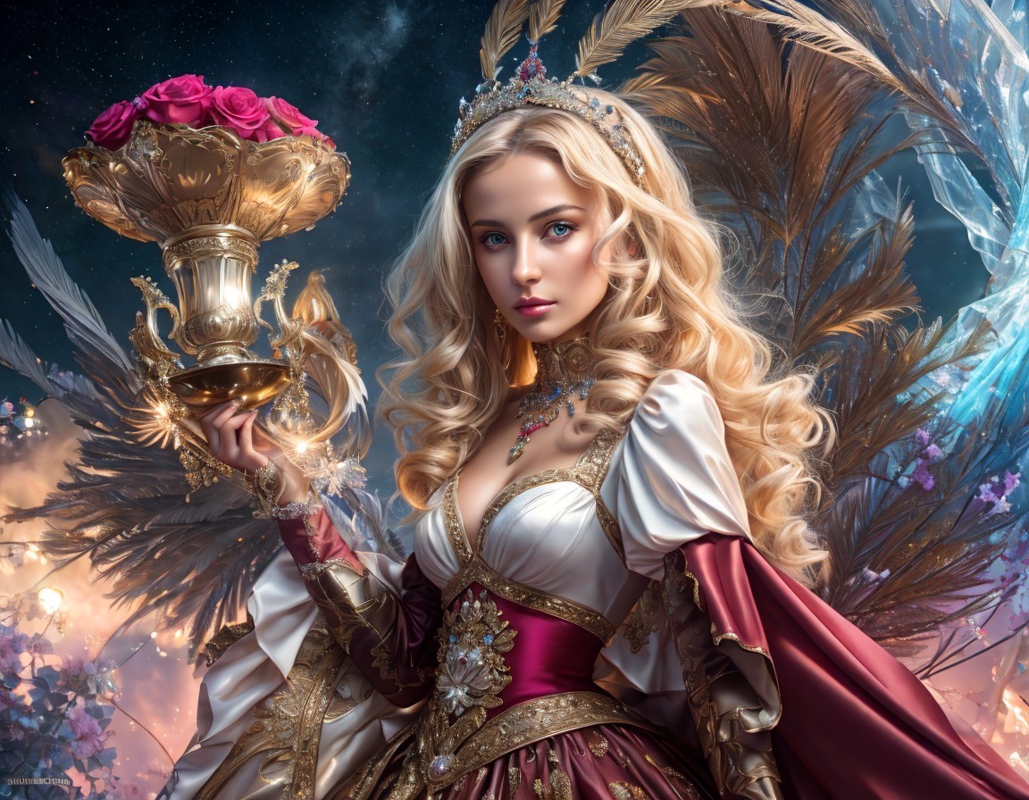 Regal Woman with Golden Cup and Ornate Attire