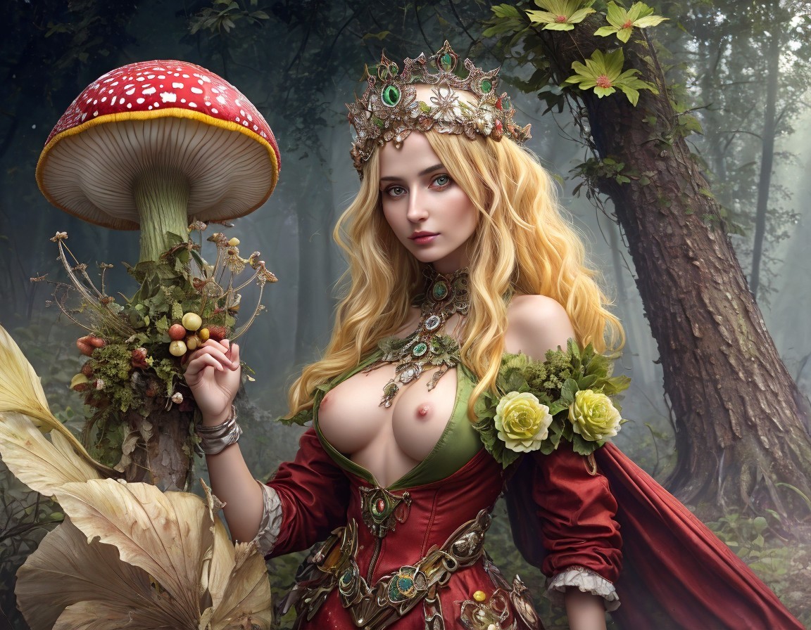 Portrait of a woman in red dress in enchanted forest