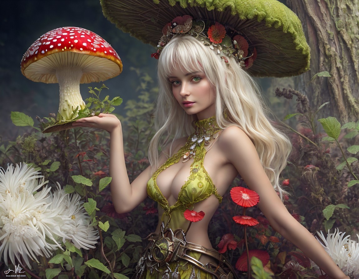 Mushroom-themed female character in lush flora setting