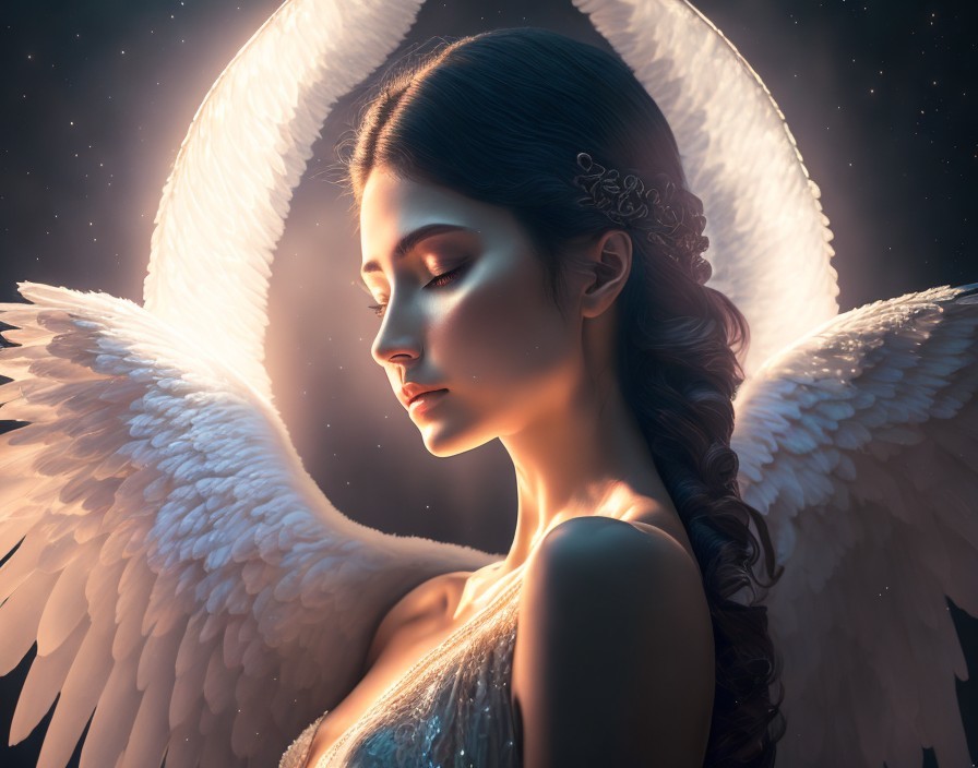 Serene Woman with Angelic Wings in Starry Scene