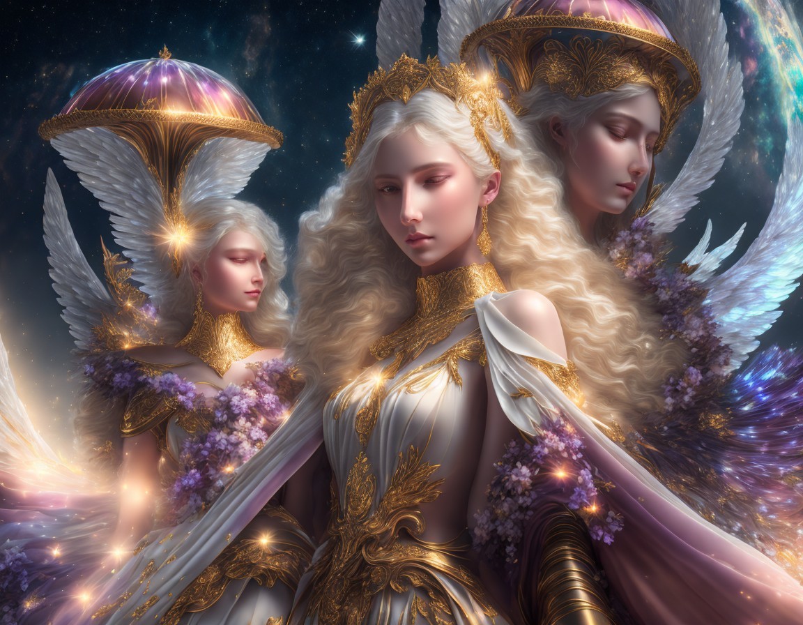 Angelic Figures in Gowns with Cosmic Background