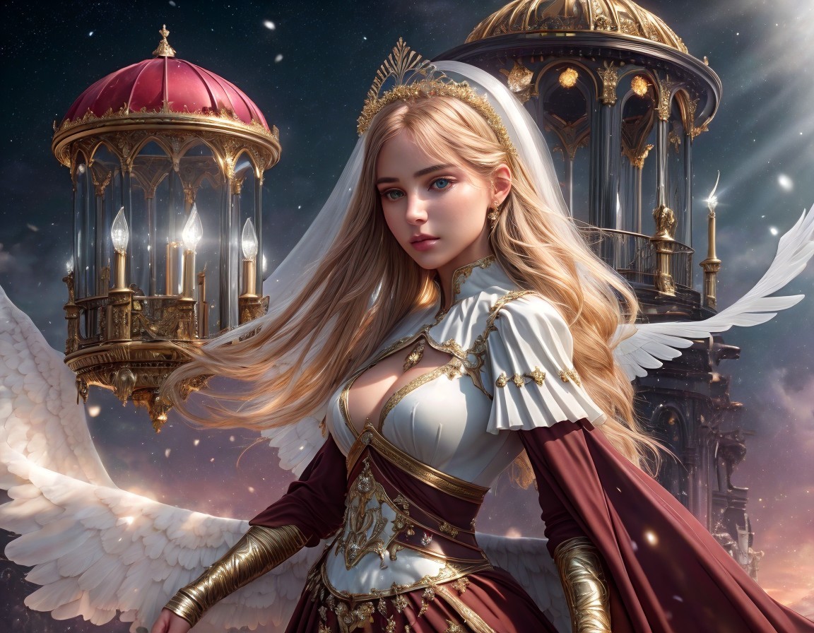 Fantastical Female Figure in Regal Attire with Doves