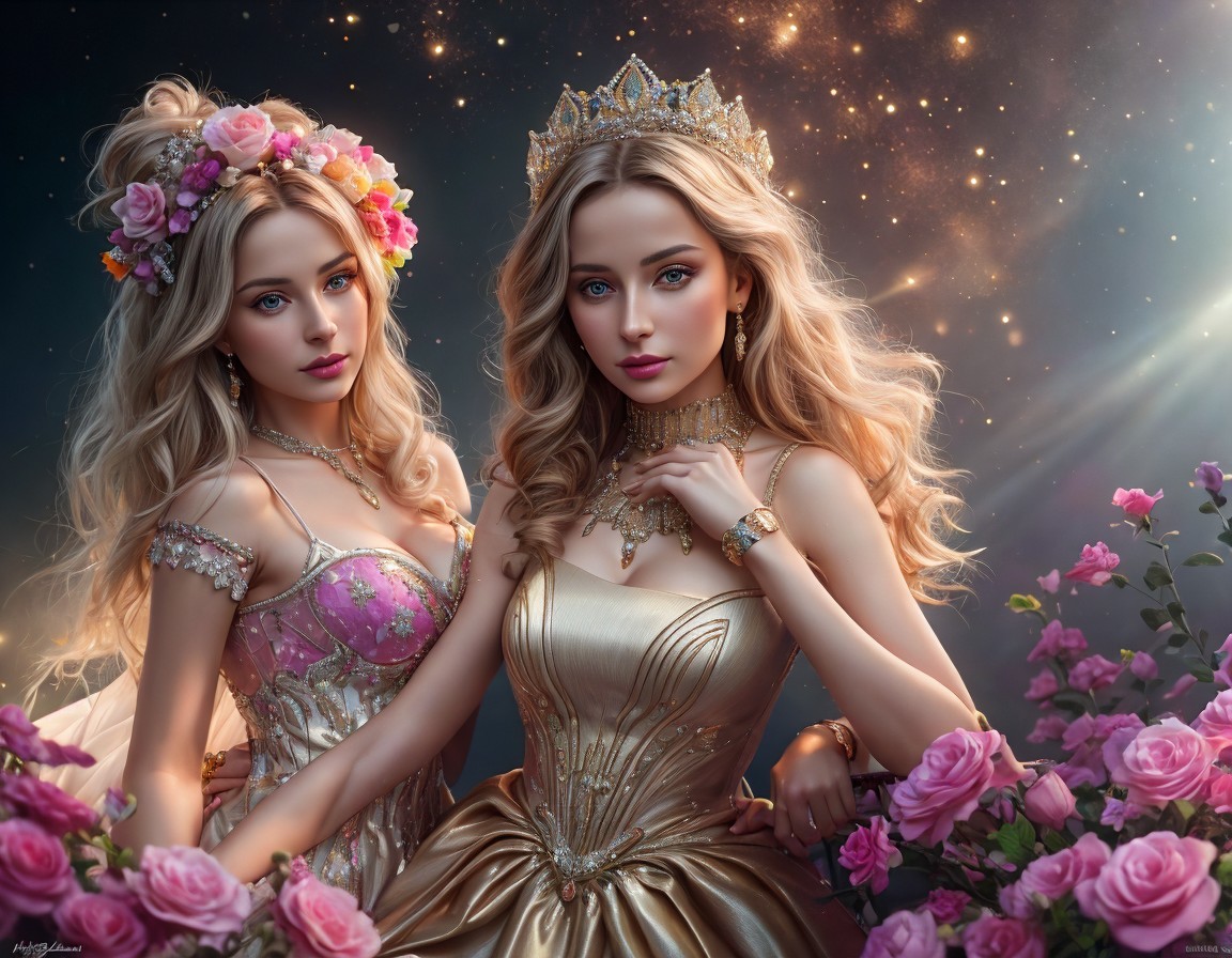 Regal Women in Flower Crowns Surrounded by Roses