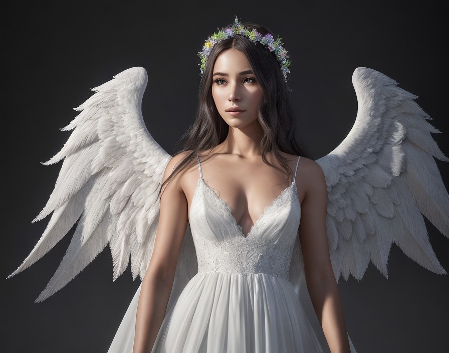Woman with Angel Wings in White Dress and Floral Crown