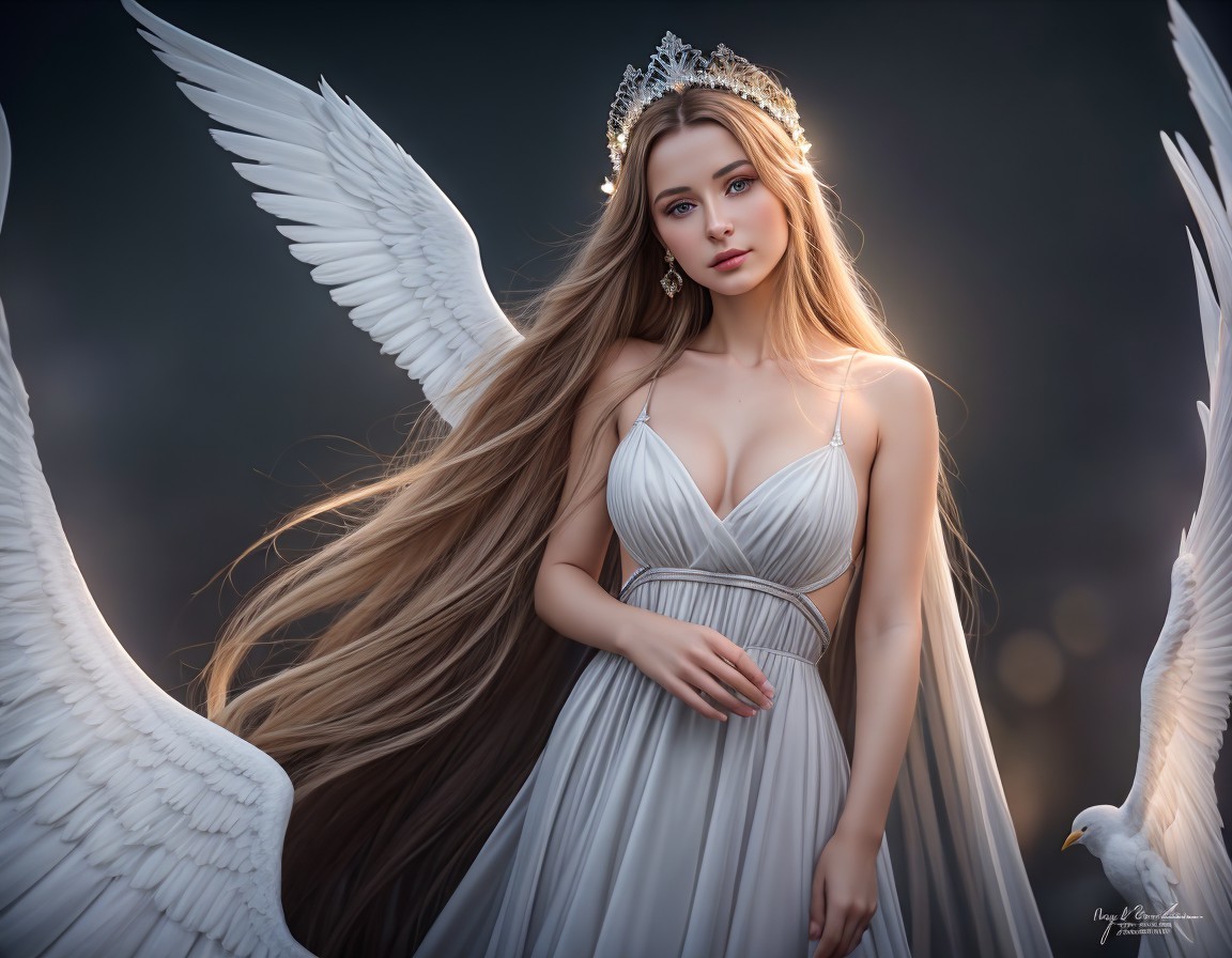 Woman with Long Blonde Hair and Angelic Wings