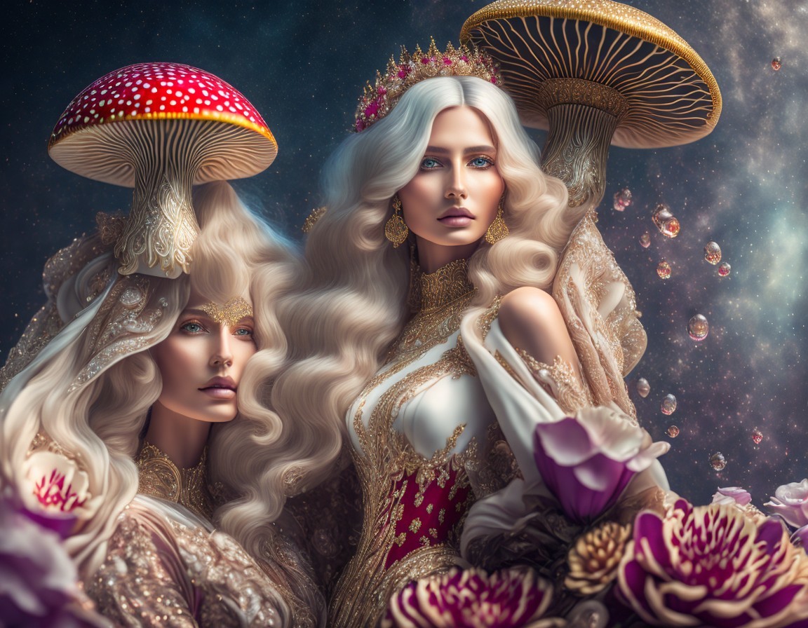Regal Fantasy Figures with Mushroom Caps and Cosmic Background