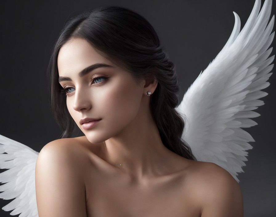 Side Portrait of a Woman with Angel Wings and Dark Hair