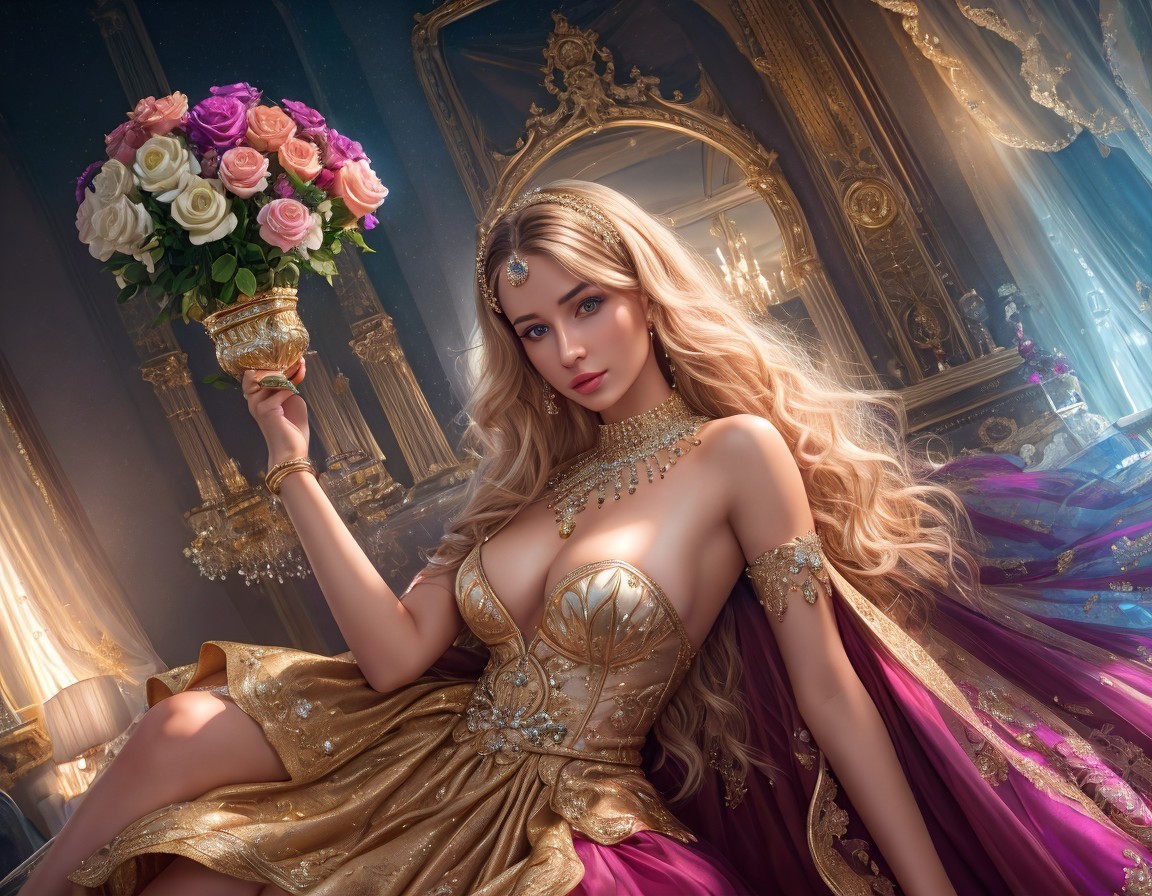 Elegant Woman in Gold and Purple Gown with Roses