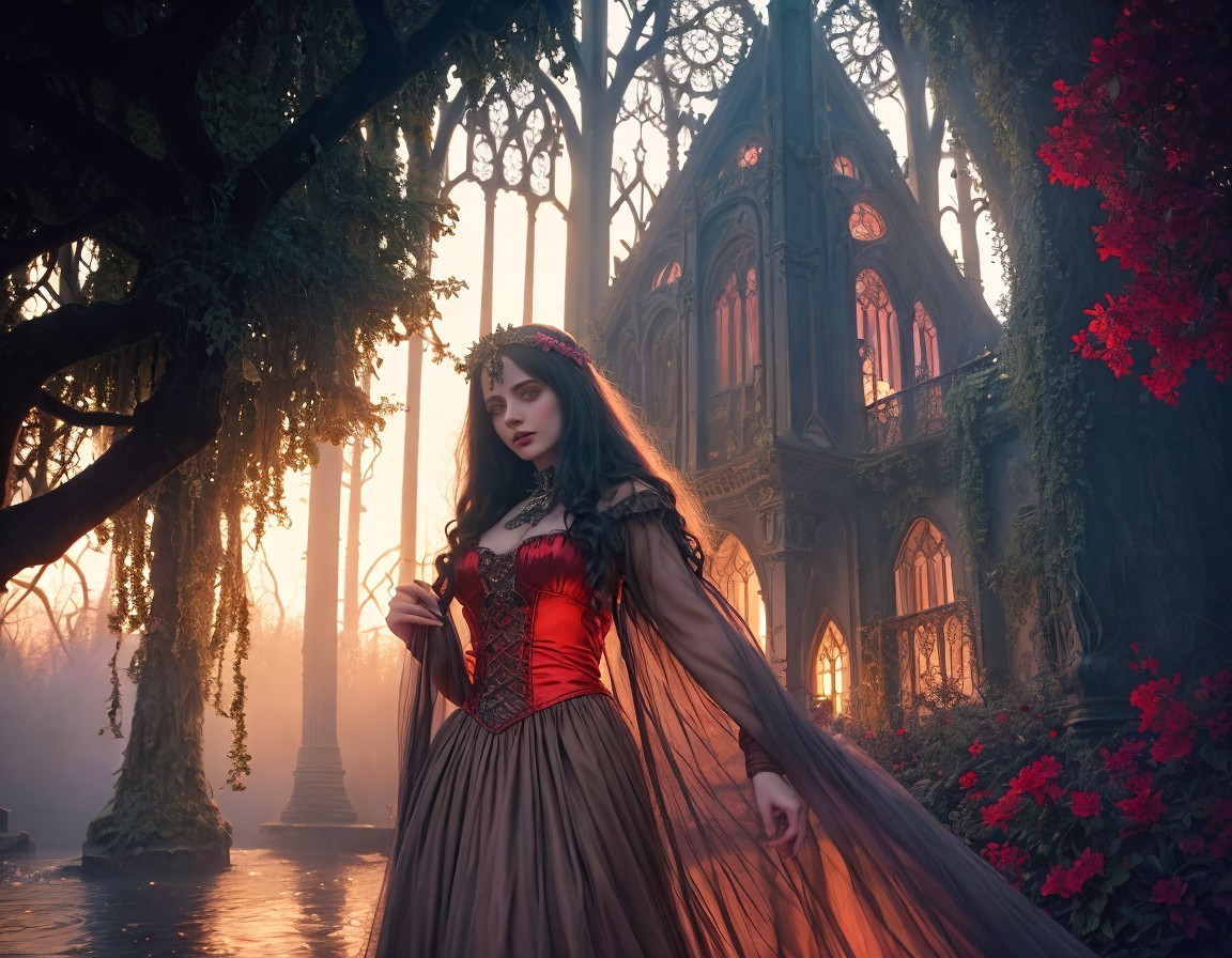 Woman in Corseted Gown in Mystical Gothic Forest