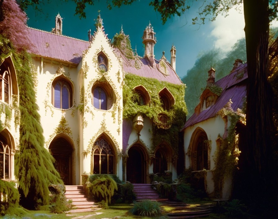 Gothic Mansion Covered in Ivy Surrounded by Trees