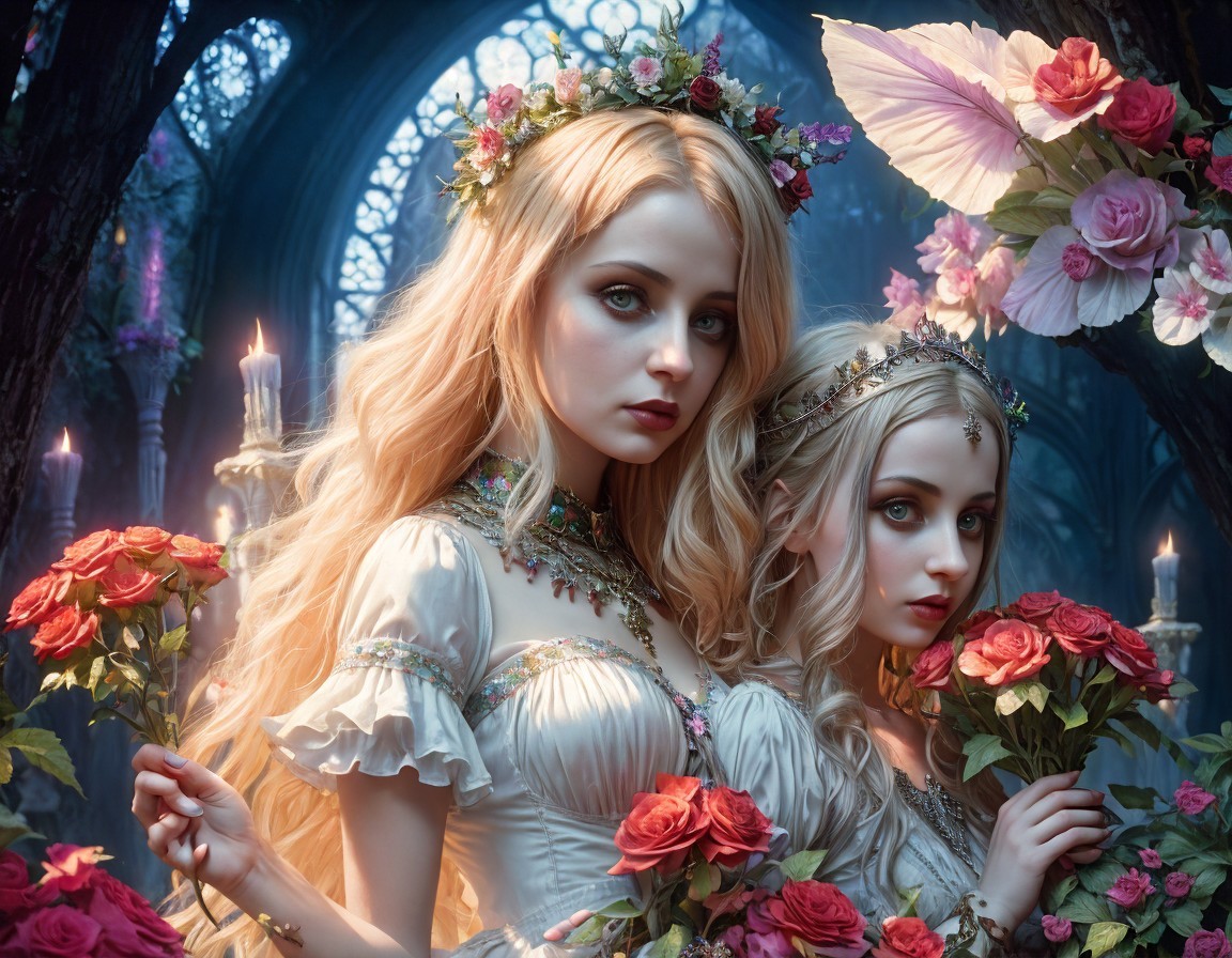 Women in Floral Crowns in a Mystical Forest Setting