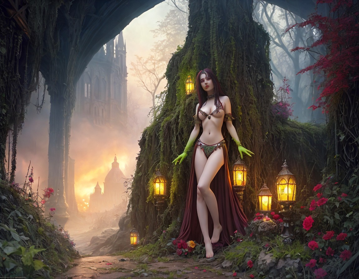 Woman with Lantern in Enchanted Gothic Forest