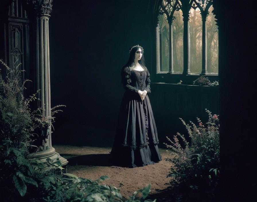Victorian Woman in Gothic Room with Overgrown Plants