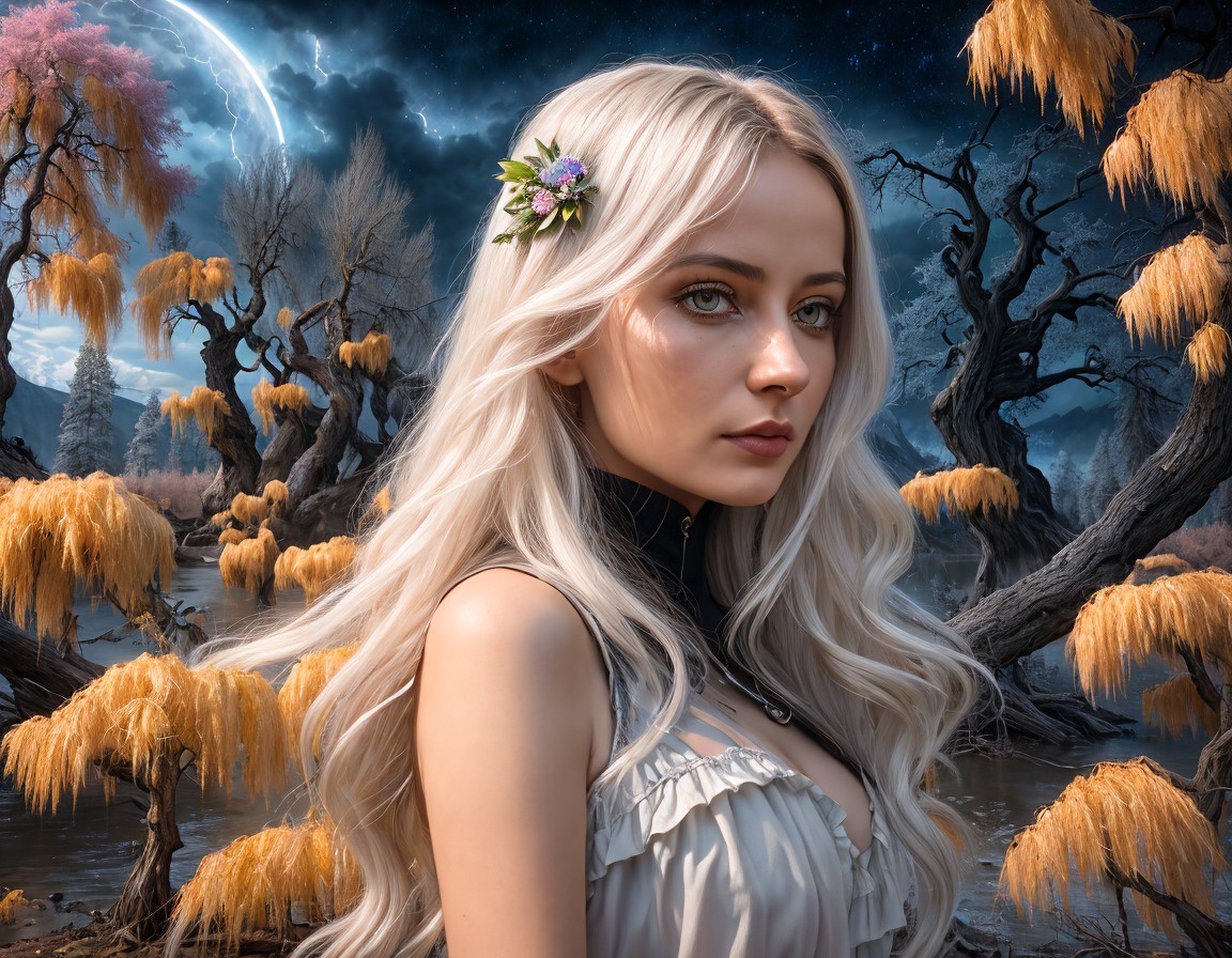 Woman with Platinum Hair in Fantasy Landscape