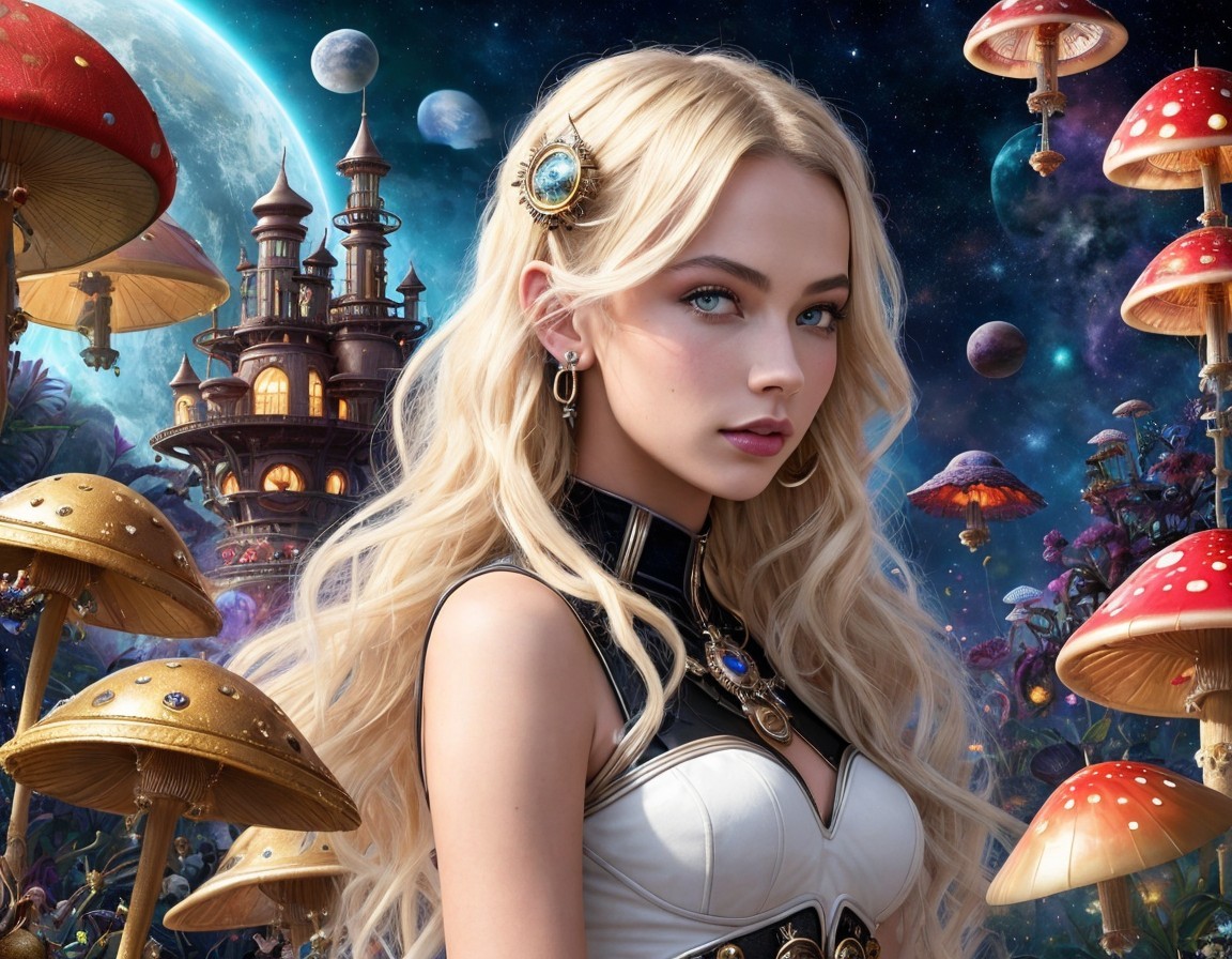 Digital Artwork of Woman in Fantasy Setting with Mushrooms