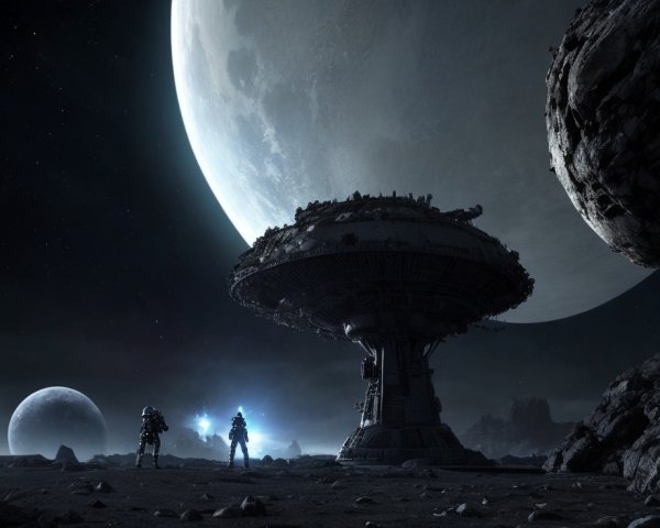 Astronauts on Rocky Alien Terrain with Futuristic Building