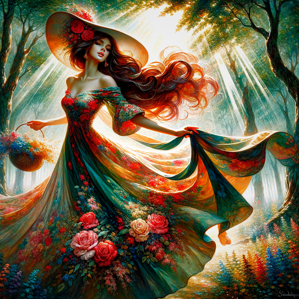 Woman Dancing in a Sunlit Forest with Blossoms