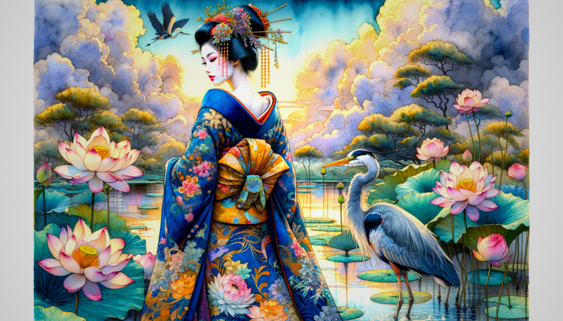 Graceful Figure in Kimono by Tranquil Waterway
