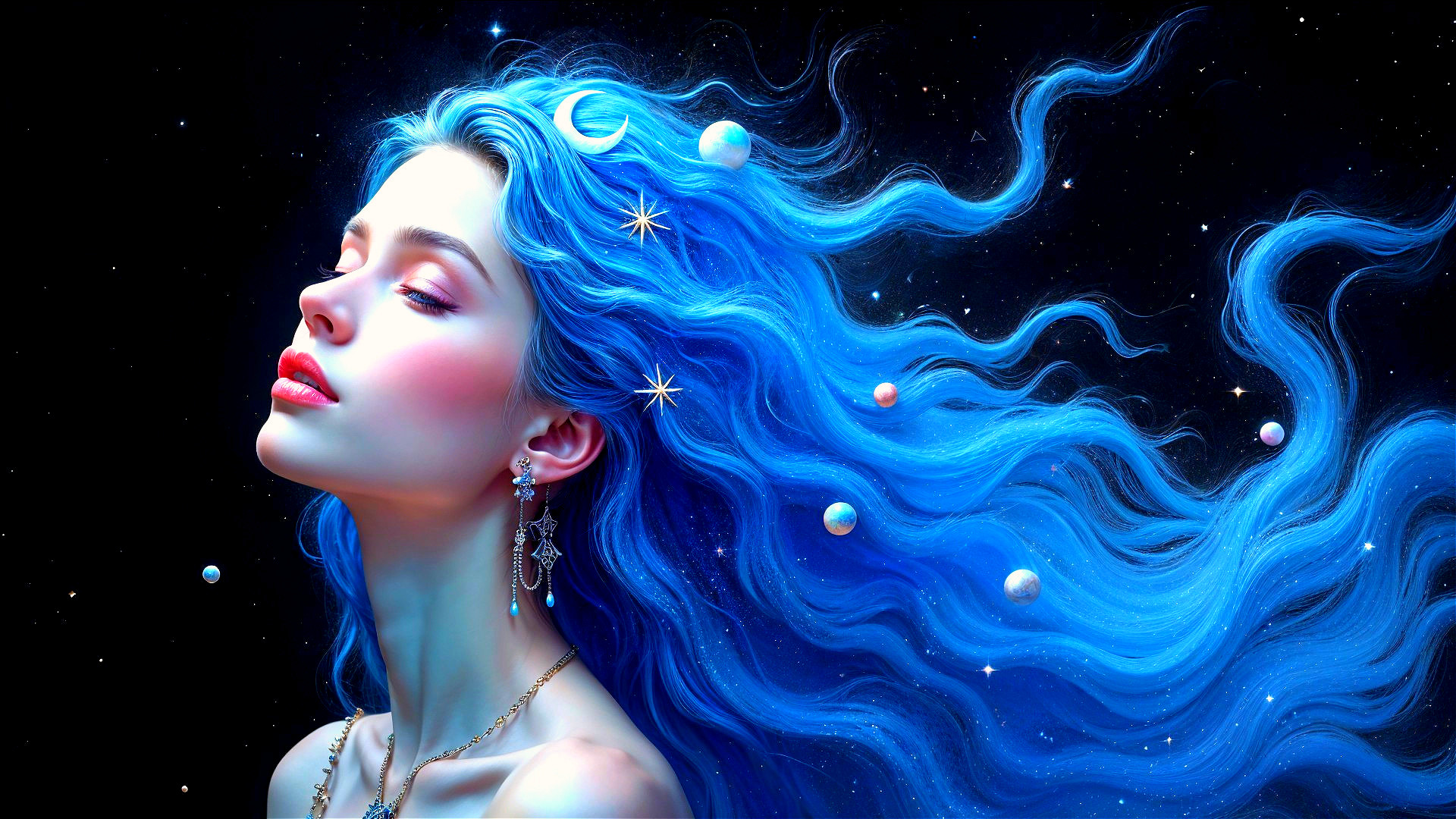 Portrait of a Young Woman with Blue Hair and Stars