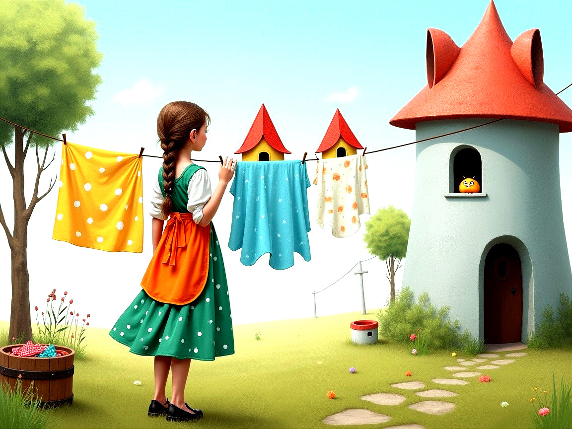 Young girl hanging clothes near whimsical cottage scene