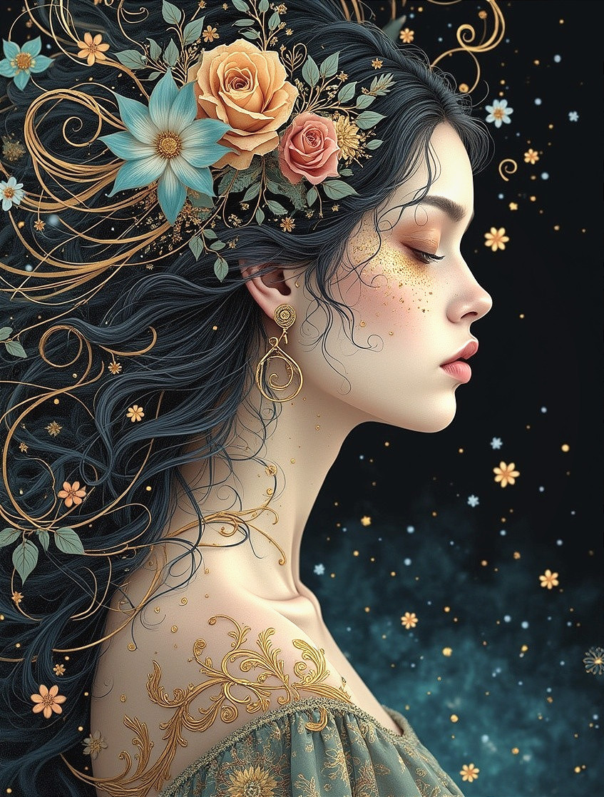 Ethereal Portrait of Woman with Flowers and Gold Details