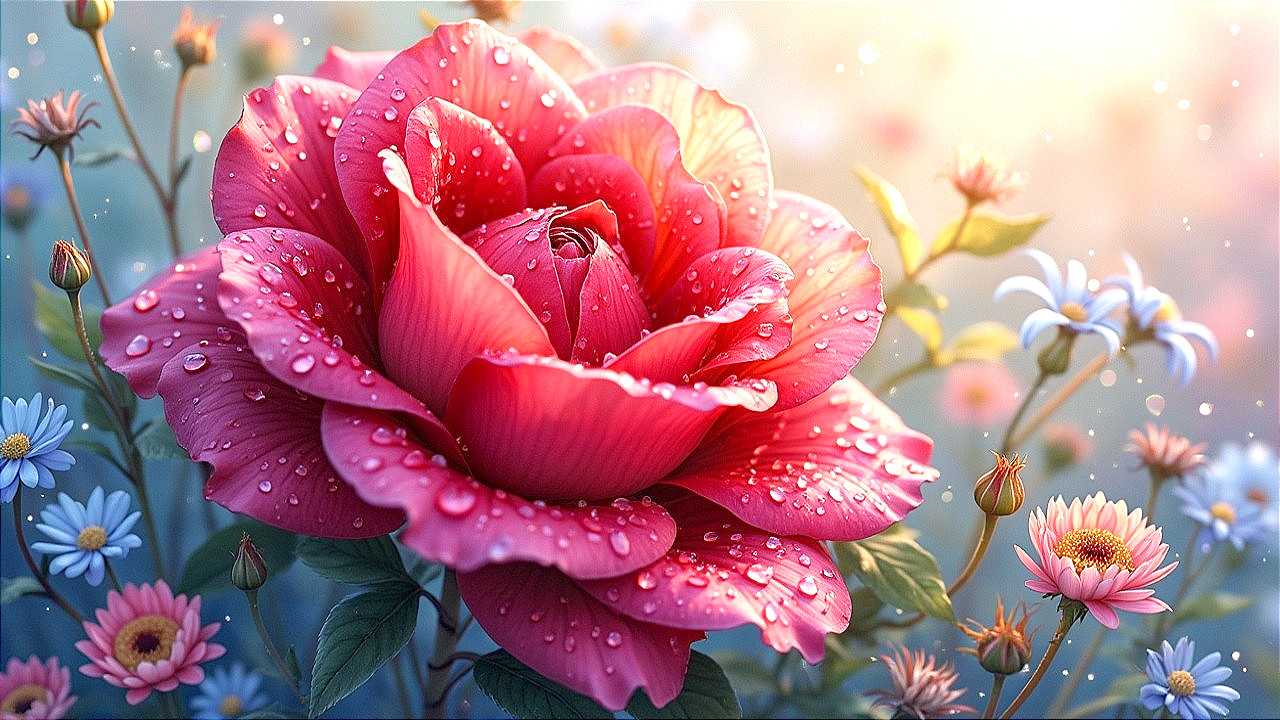 Vibrant Pink Rose Surrounded by Pastel Flowers in Garden