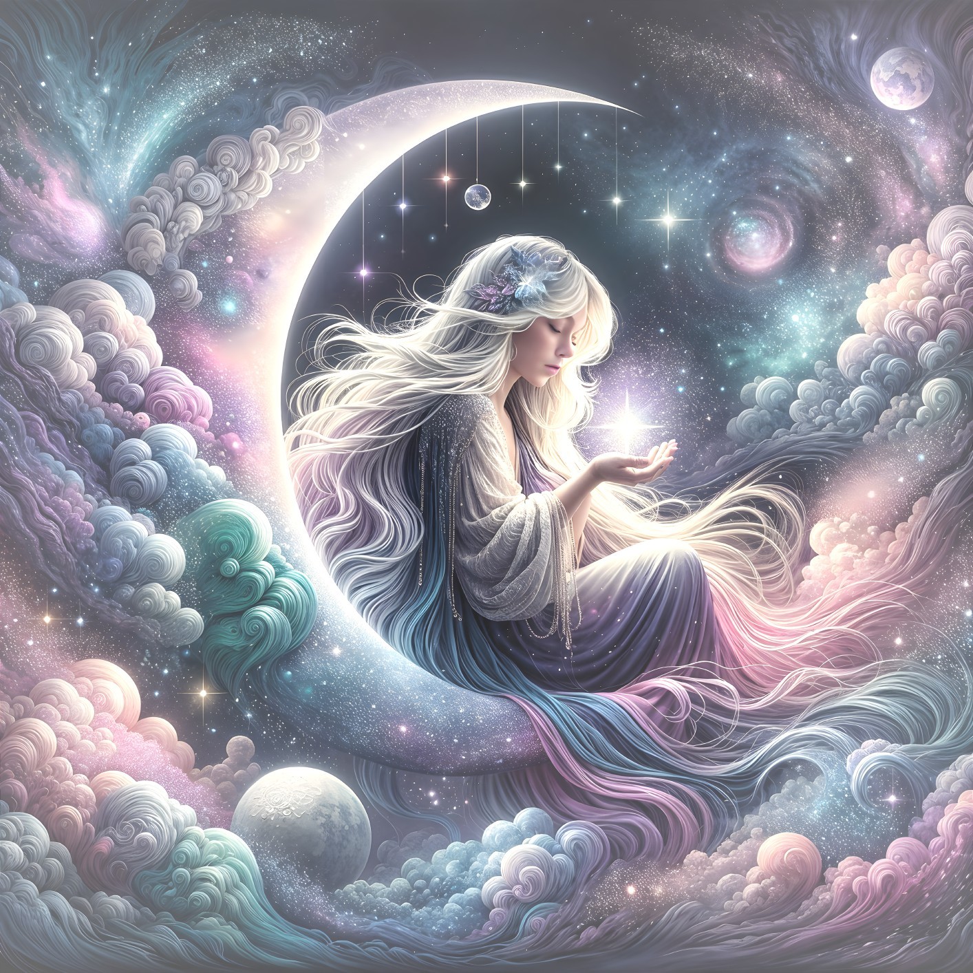 Mystical Figure on Crescent Moon with Celestial Elements