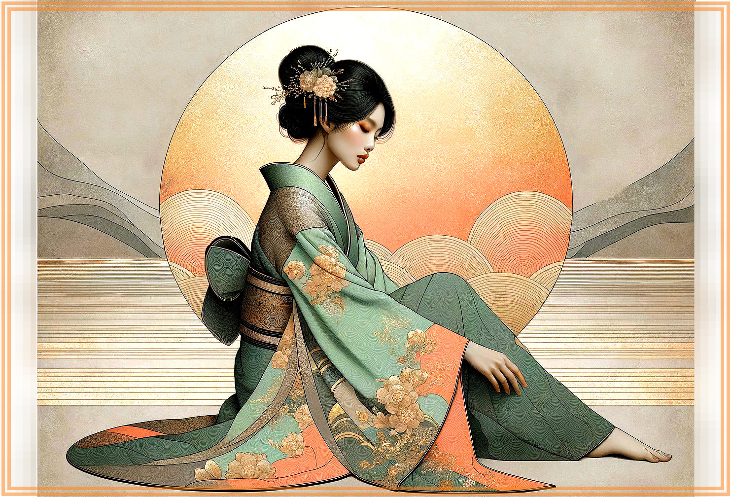 Graceful Figure in Patterned Kimono Against Sunlit Background