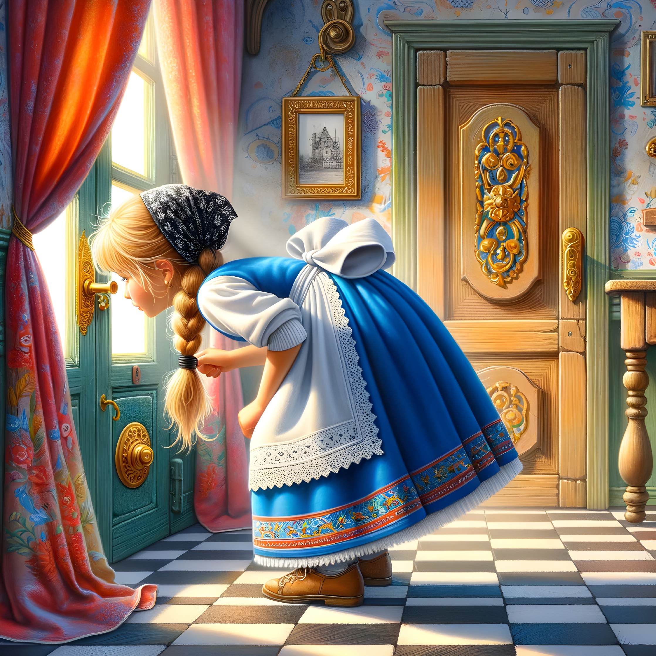 Young girl in traditional attire peering through a keyhole