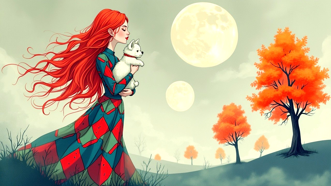 Girl with Red Hair and Dog in Dreamlike Landscape