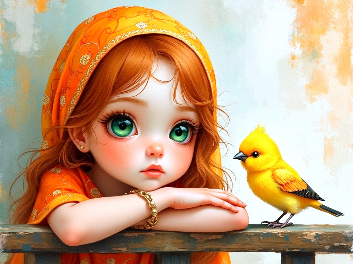 Young girl with green eyes and red hair in orange outfit