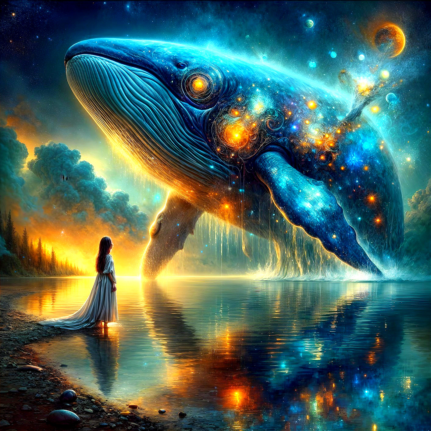 Cosmic Whale in Ethereal Sea with Silhouetted Figure
