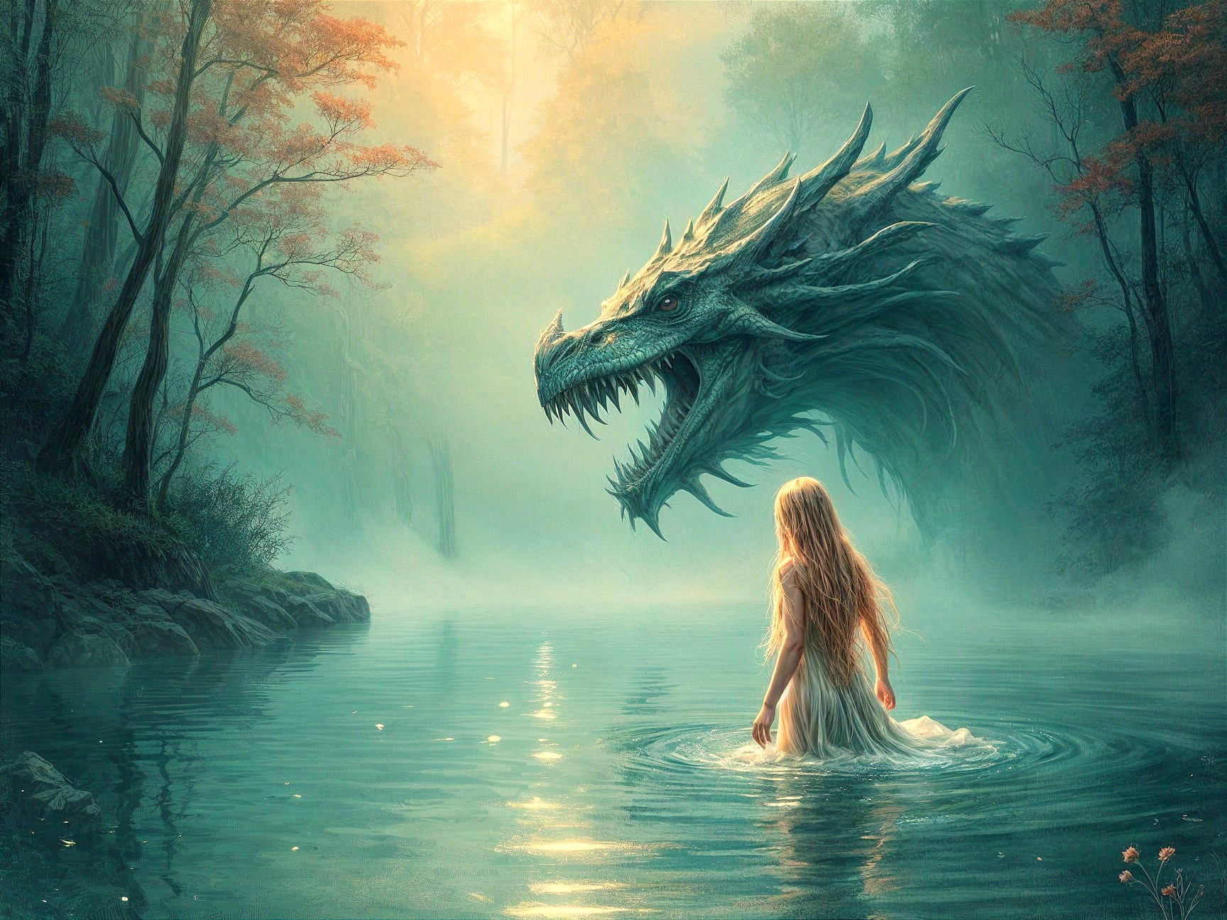 Serene Girl and Dragon in Mystical Forest Lake