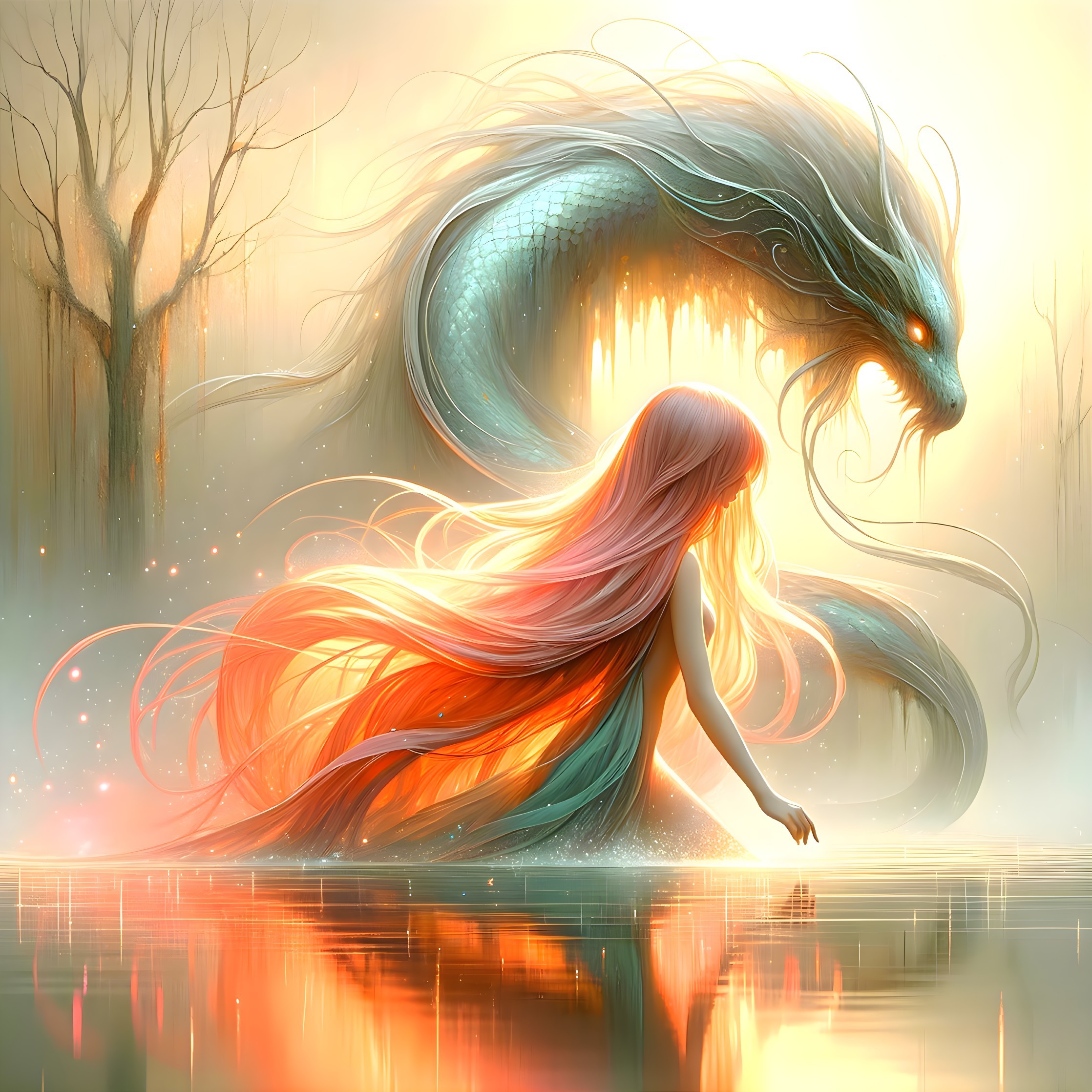Mystical Scene with Dragon and Serene Figure in Water