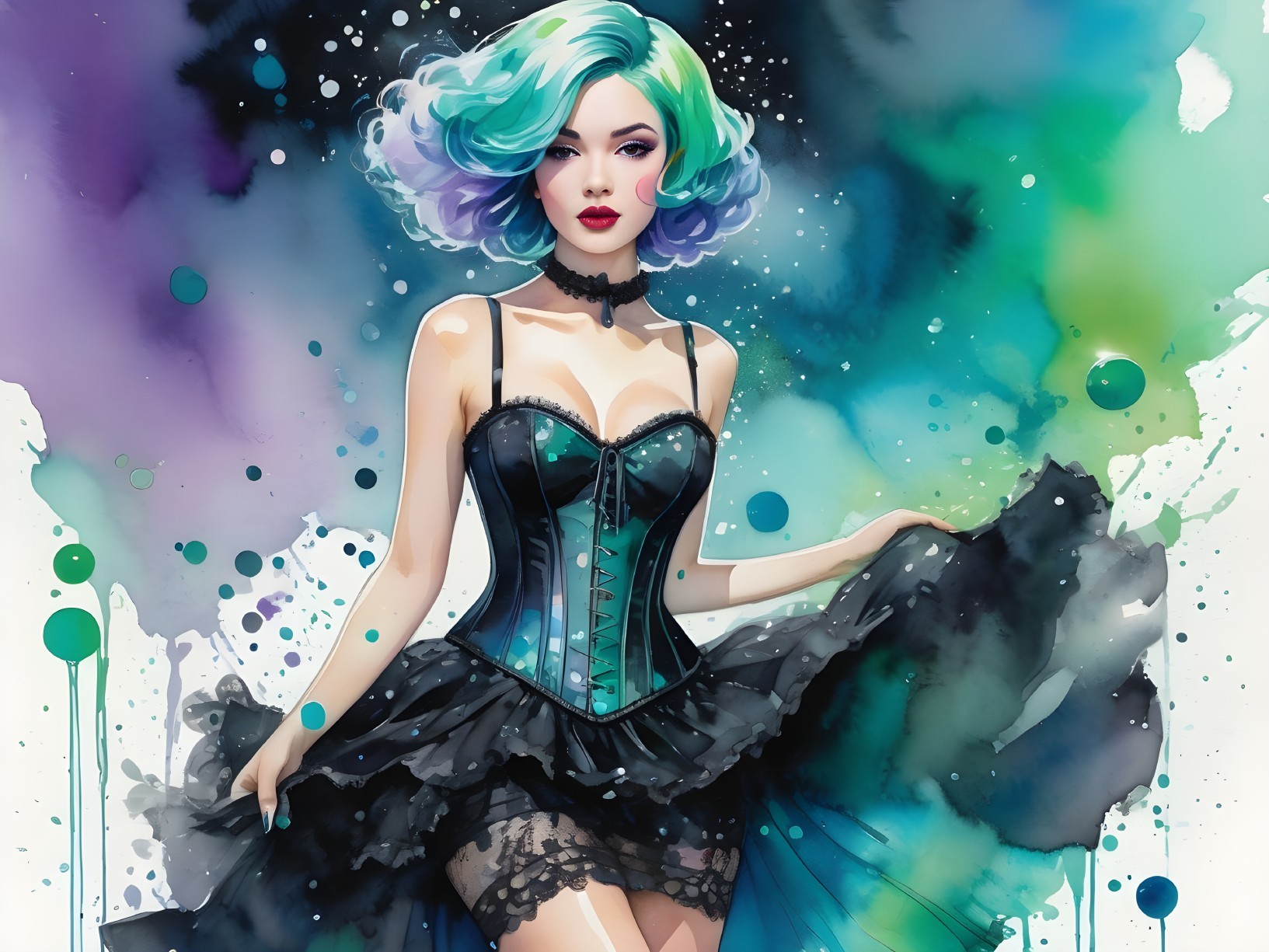 Teal and Black Corset Dress with Colorful Backdrop