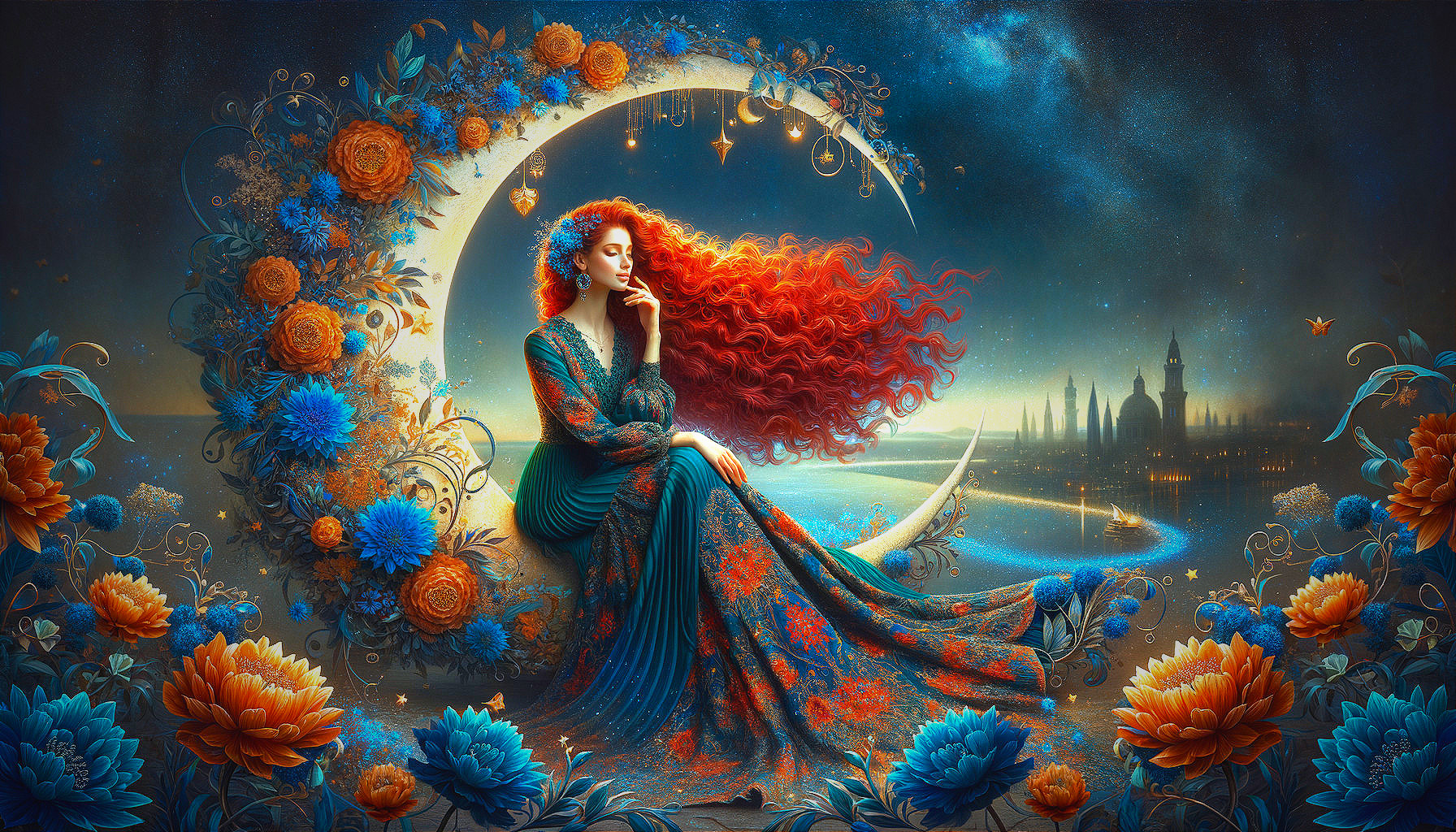 Woman on Crescent Moon Surrounded by Vibrant Flowers