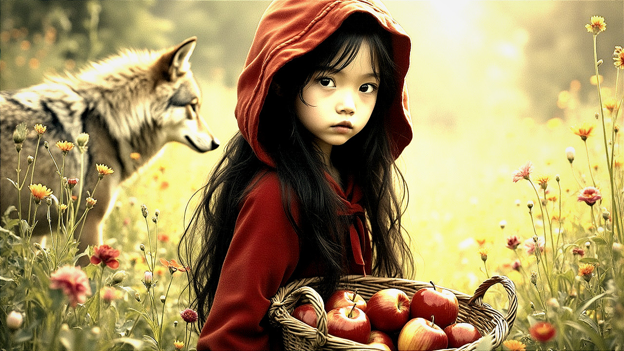 Young girl in red hood with apples in flower meadow