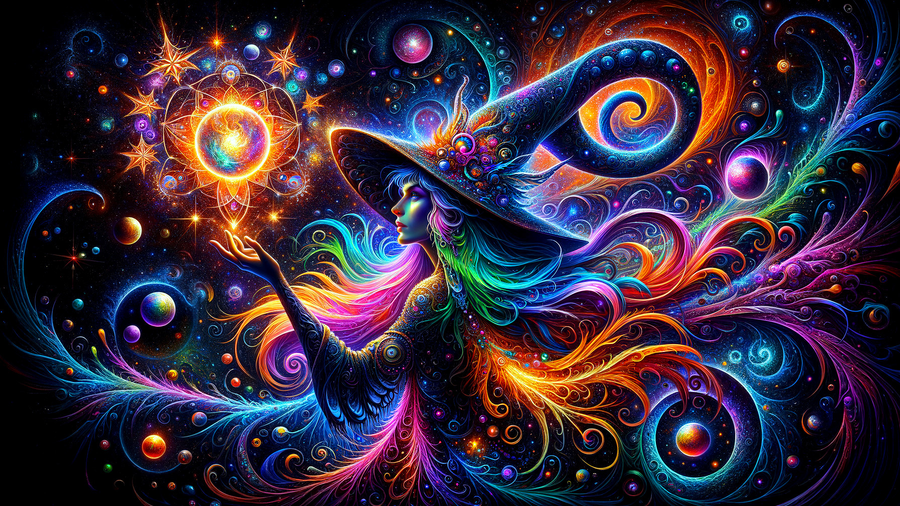 Vibrant Cosmic Scene with Mystical Witch and Orb