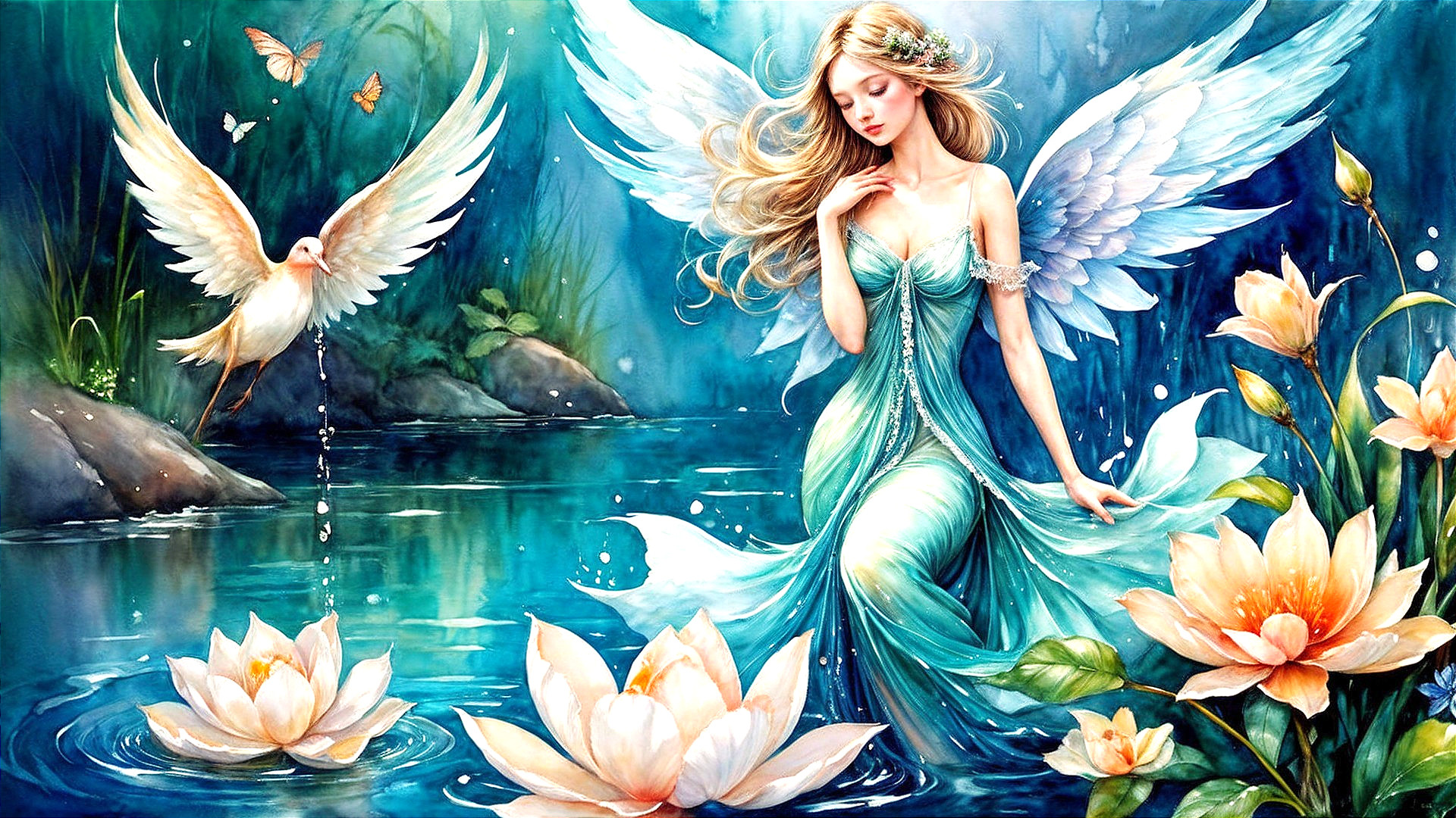 Fairy by Tranquil Pool Surrounded by Lotus Flowers